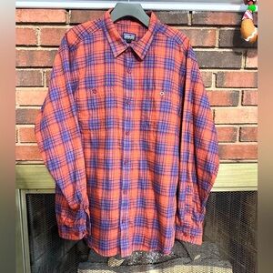 💙Men’s Patagonia organic cotton Orange and Blue Plaid Shirt